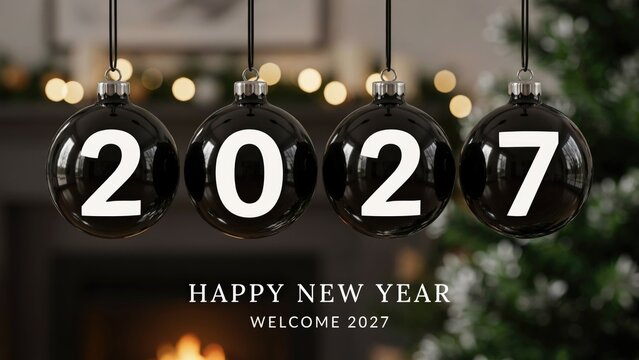 Four black christmas ornaments displaying the year 2027, happy new year greeting