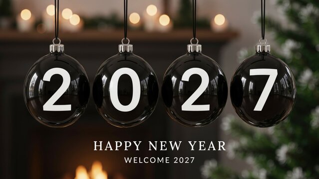 Four black christmas ornaments hanging with the year 2027 inscribed