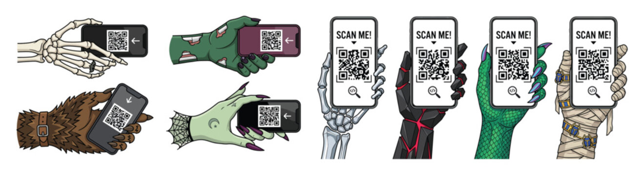 Monster hands holding smartphones with QR codes for Halloween