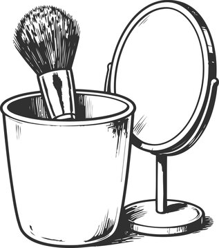 Vintage shaving brush in a cup with round mirror standing on base, grooming set illustration