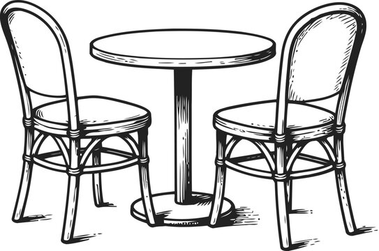 Round table with two classic wooden chairs vintage furniture drawing in black and white sketch