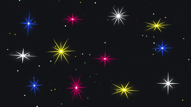 Colorful sparkling stars and shine effects on black background, multicolored starburst vector icons, white yellow blue pink.