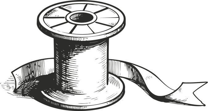 Vintage spool with thread old sewing tool illustration in monochrome tailored crafts and textile accessory drawing