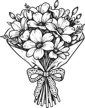 Hand drawn bouquet of flowers with decorative ribbon, elegant floral arrangement, sketch illustration
