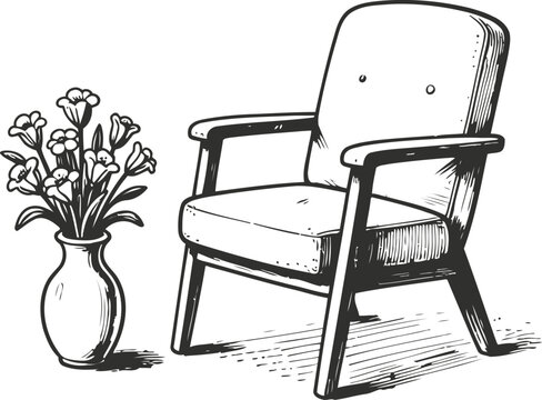 vintage armchair next to a vase with flowers classic wooden furniture with cushioned seat and backrest