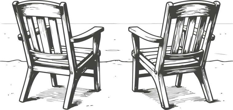 Two wooden chairs facing the ocean shore relaxation, vacation, beach seating, nature calm scene