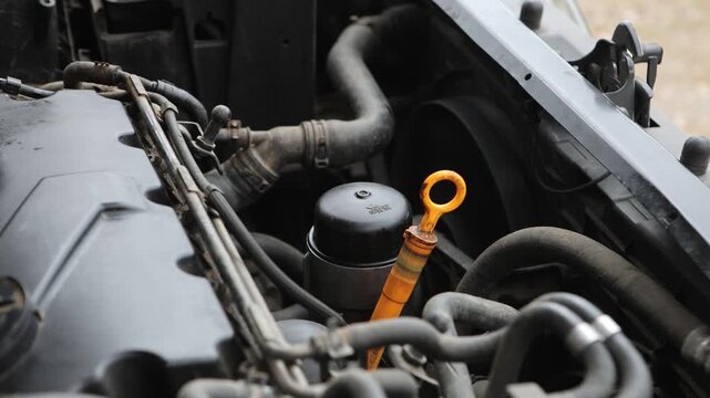 Close-up of a car engine showing oil dipstick and filter