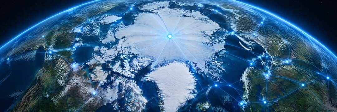View of Earth from space showing Arctic region with digital network connections