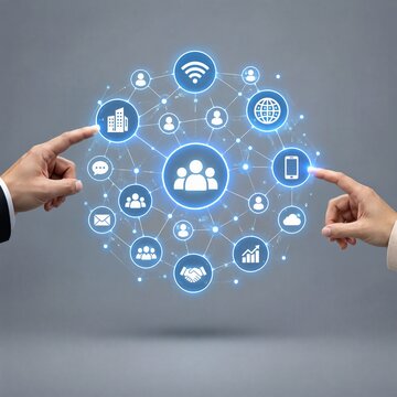 Two hands interacting with a glowing digital network interface displaying various business and communication icons