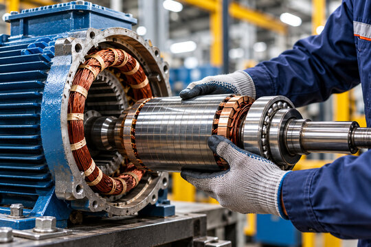 Close-up of a technician wearing protective gloves handling a rotor beside an open electric motor with exposed copper windings. Industrial equipment repair and maintenance in a workshop.