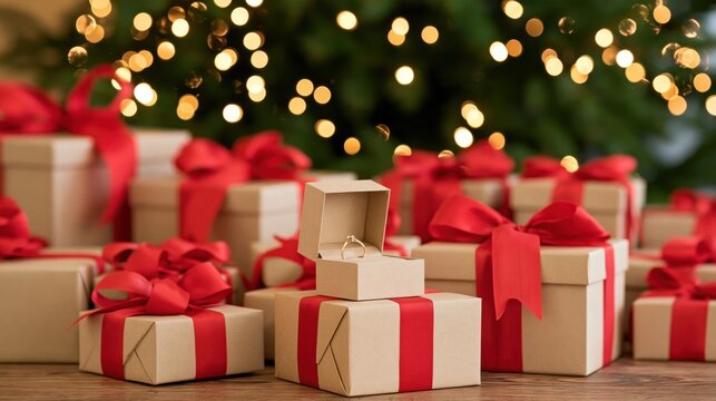 Open ring box with a gold ring surrounded by wrapped Christmas gifts and glowing tree lights