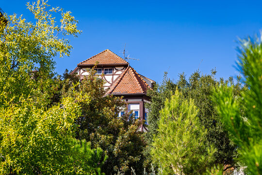 Red-roofed house among trees under a blue sky on a sunny day