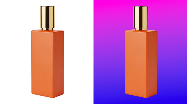 A rectangular orange perfume bottle with a shiny gold cap isolated on a white background