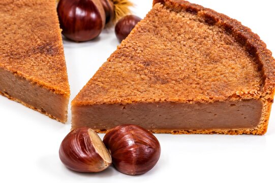 Chestnut tart with a slice and whole chestnuts