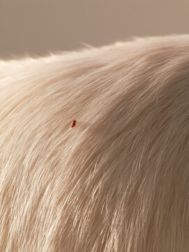 Flea on dog fur in warm morning light, close view of tiny parasite clinging to silky hair against beige wall, highlighting pet care and household pest awareness