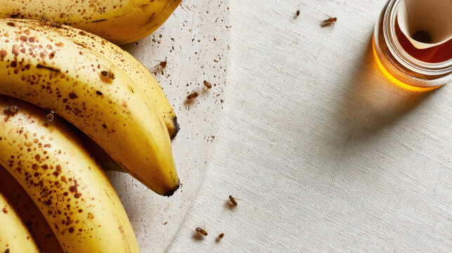 Ripe spotted banana beside glass insect trap on pale linen, with fruit fly nearby, natural pest control concept, overhead still life with copy space