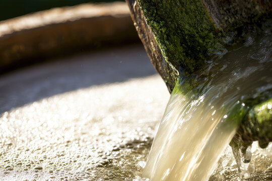 Industrial pipe releases murky treated effluent into bright water with moss rust foam ripples droplets sunlight and environmental pollution detail