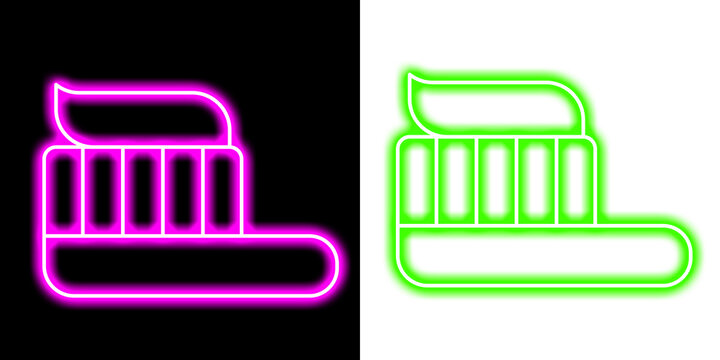 Toothbrush with squeezed toothpaste neon icon in vibrant pink and neon green line style for dental hygiene and health care promotion.