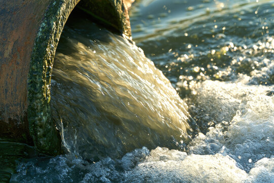 Industrial pipe discharge of murky treated effluent water with frothy turbulence rusted steel green mineral crust sunlight ripple bubble environmental pollution compliance concept