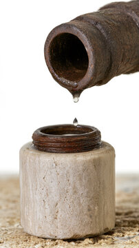 Industrial pipe discharge with treated water droplet above travertine container, creating minimalist sustainability concept in bright natural studio light with textured metal and stone surfaces