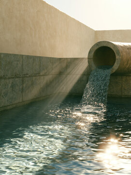 Concrete outfall pipe discharging treated water into retention basin under warm morning sunlight with rippling reflections and vertical wall space