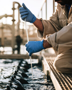 Water technician in beige field jacket and blue glove collecting water sample from aeration basin
