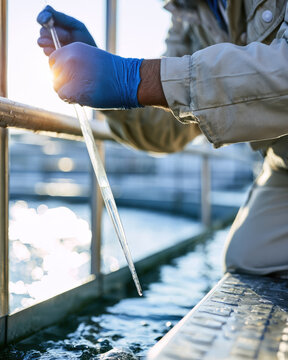 Water technician wearing blue glove collects clear water sample with glass pipette beside sunlit industrial treatment basin, supporting quality control and recycling