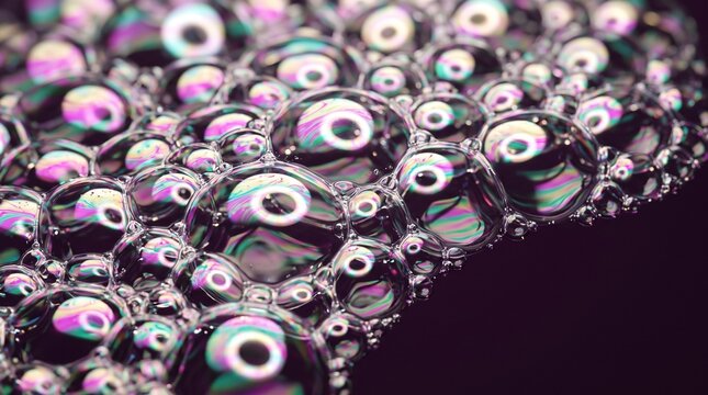 Iridescent soap bubbles with purple and green reflections, macro photography of liquid foam, abstract oil on water texture for creative backgrounds