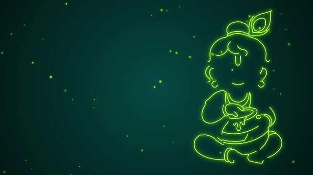 Sitting Little Krishna with Butter Pot Neon Line Art Animation Video with Copy Space