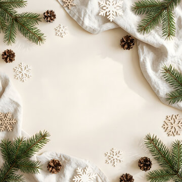 Snowy pine branches with colorful berries and bees