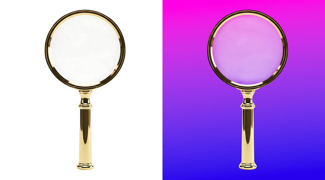 Classic magnifying glass with gold frame and handle isolated on a white background view