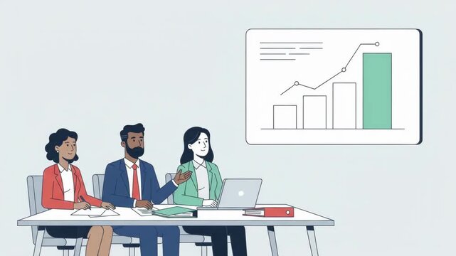 Business Professionals Analyzing Growth Chart on Whiteboard in Corporate Meeting Animation