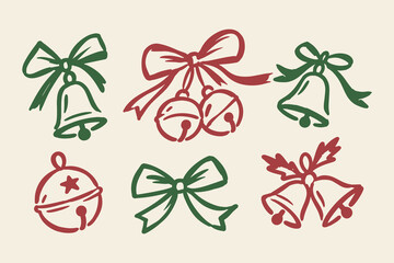 Plakat Christmas Jingle Bells and Ribbon Bows Hand Drawn Doodle Set