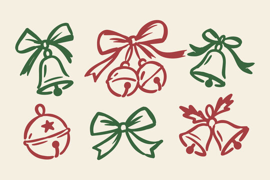 Christmas Jingle Bells and Ribbon Bows Hand Drawn Doodle Set