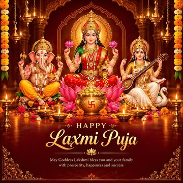 Happy Lakshmi Puja Festival Poster Featuring Goddess Lakshmi, Lord Ganesha, Goddess Saraswati, Pink Lotus, Golden Arch, Oil Lamps and Traditional Hindu Worship Decorations