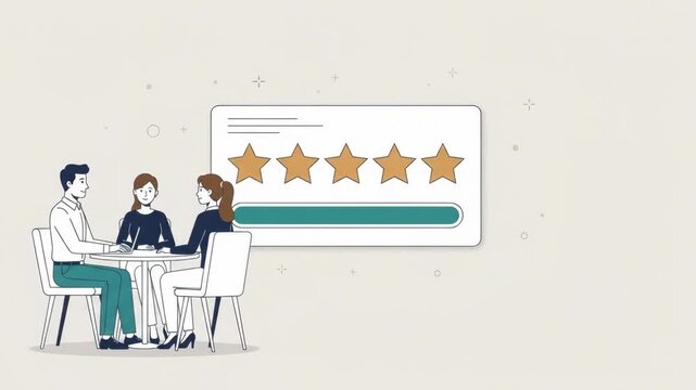 Business team meeting with a five star rating and progress bar animation representing customer satisfaction