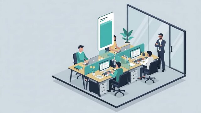 Isometric 2D Animation of Corporate Employees Working on Computers in Modern Office with Manager Supervising Team