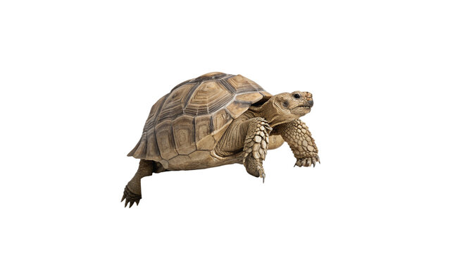 A small brown land turtle tortoise reptile crawling isolated on transparent background