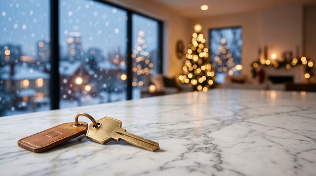 Real Estate New Year Housewarming Concept Golden Key On Marble Countertop In Front Of Snowy Window