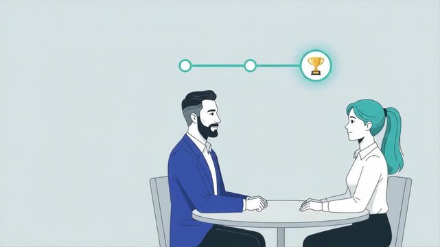 Business professional meeting and achievement progress timeline animation with trophy icon