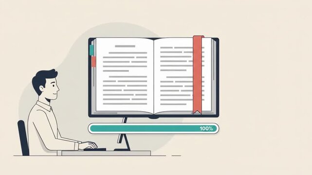 2D Flat Animation of a Man Studying a Digital Book on a Computer Screen with a Loading Bar