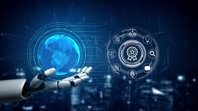 Futuristic Robot Hand Holding Earth With Digital Icons Representing Technology, Innovation, and Global Connectivity in a High-Tech Environment. Entropy.