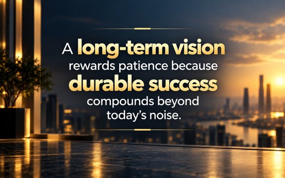 Business motivation quote about long-term vision, patience, and lasting success, displayed in elegant gold typography against a modern city skyline at sunset.