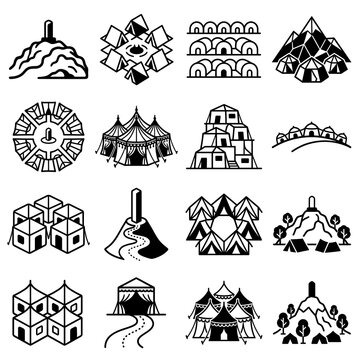 Mount Arafat pilgrimage icons set featuring tents and religious landmarks in black style