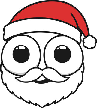 Funny simplistic face drawing with huge eyes wearing a festive Santa Claus Christmas hat draw
