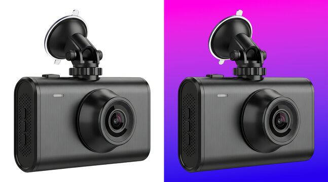 Black car dashboard camera with a suction cup mount, isolated on a white background, side view