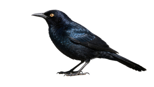 Glossy black grackle bird with bright orange eyes, isolated on transparent background