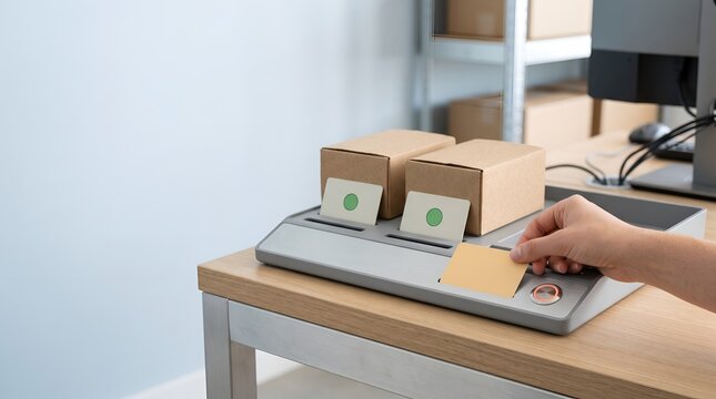 Hand scanning order exception card with two brown packages on shipping machine