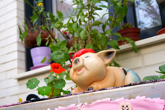Figura decorativa de cerdito sonriente en una jardinera con flores y plantas junto a la ventana