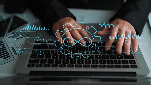 Hands Typing on Laptop with Graphic Elements of Data Analysis and Software Development Illustrating Technology Integration. Entropy.